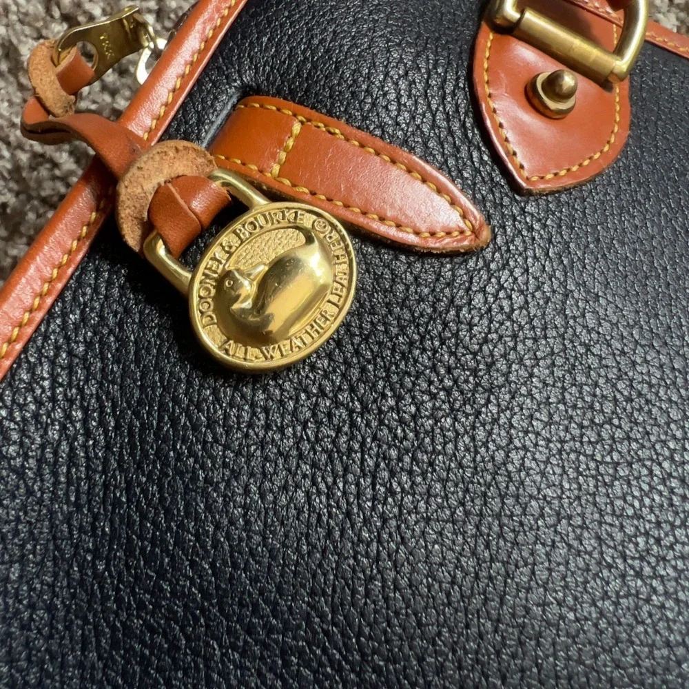 Vintage Dooney & Bourke All Weather Leather Satchel Navy Tan Made USA